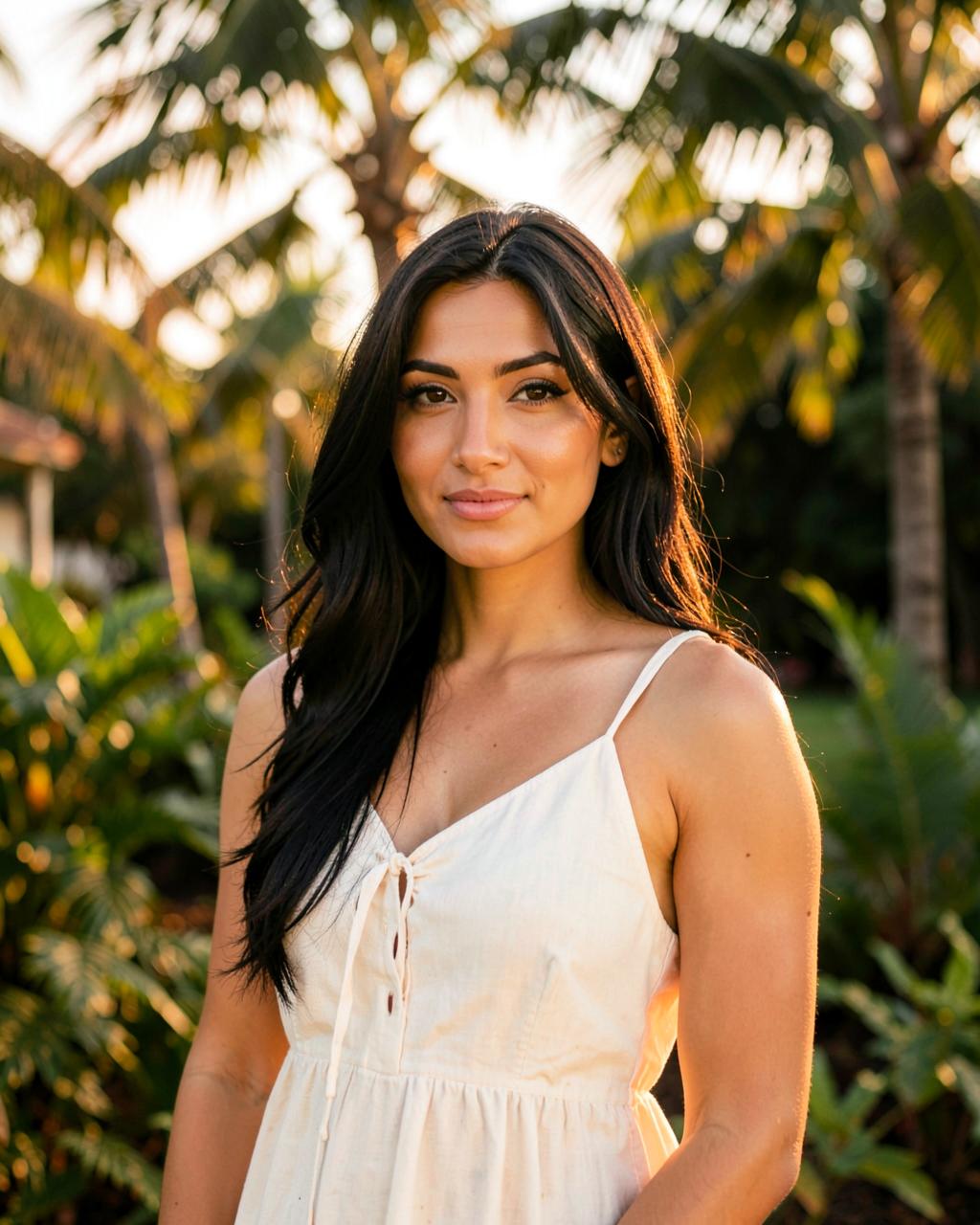A DateMyAge companion under palm trees at golden hour